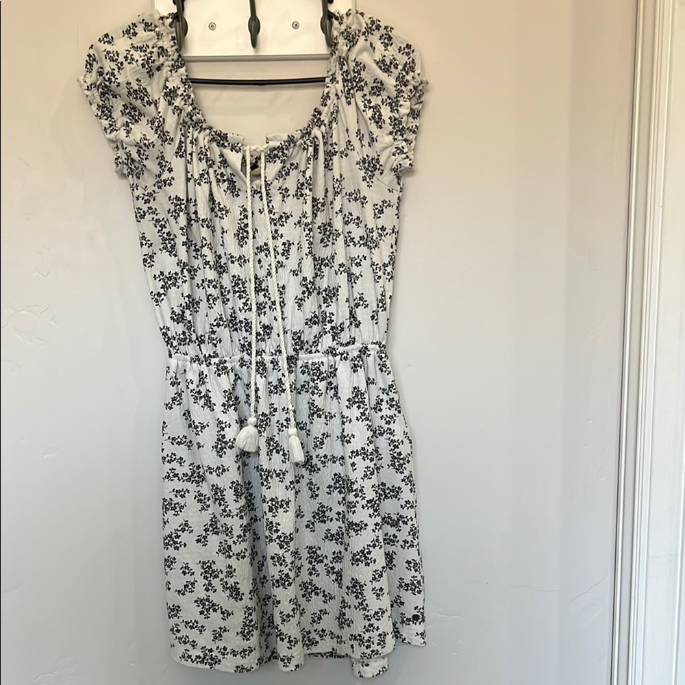 Roxy Black and White Ruched Mini Sundress